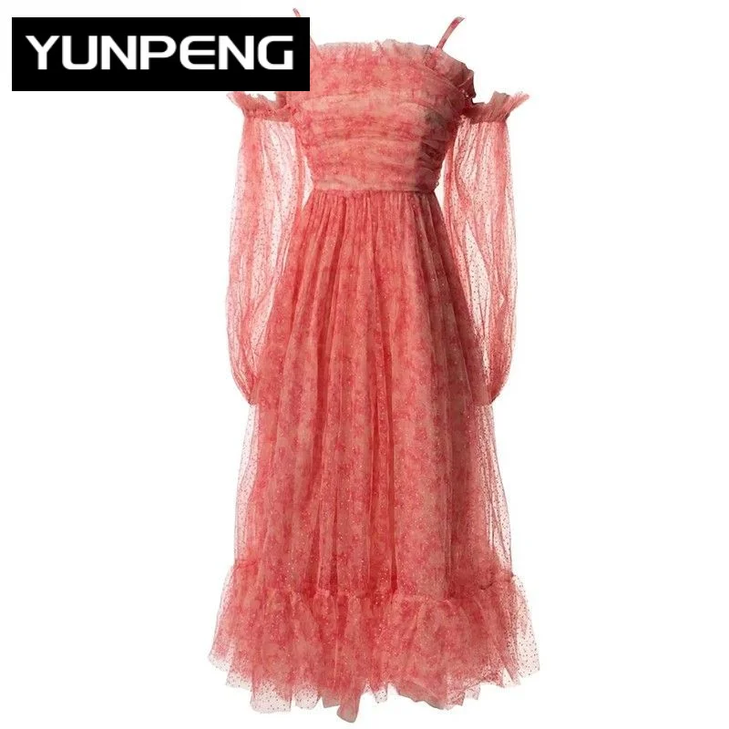 

Summer Women's Square Collar Lantern Long Sleeve Flower Printing Mesh Polka Dot Dress For Women 2023 Runway Luxury Brand Elegant