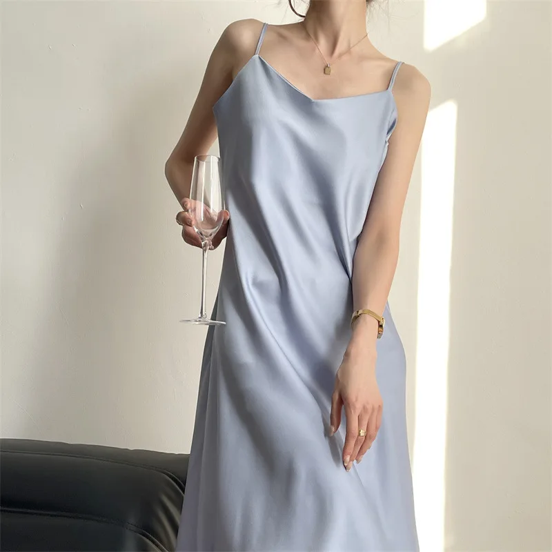 Женское атласное платье на бретелях-спагетти Элегантное Длинное Платье в стиле