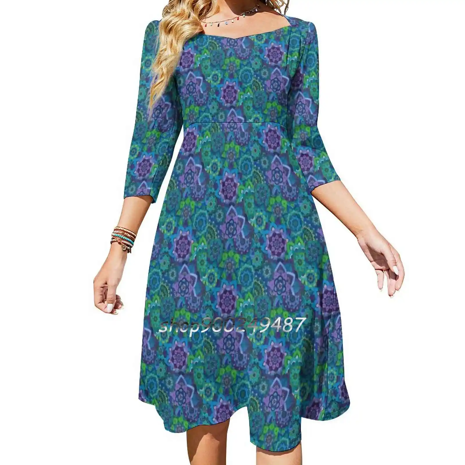 

Entangled Mandalas 3 Square Neck Dress New Plus Size Elegant Women Waist Tight Dress Mandala Color Blue Green Purple Teal White