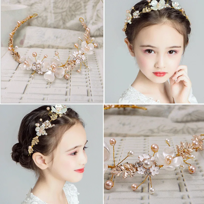 

Bridal Headbands Children's Crystal Pearl Tiara Hair Accessories Headdress Flower Wreath Garland Head Hoop Wedding Crown Jewelry