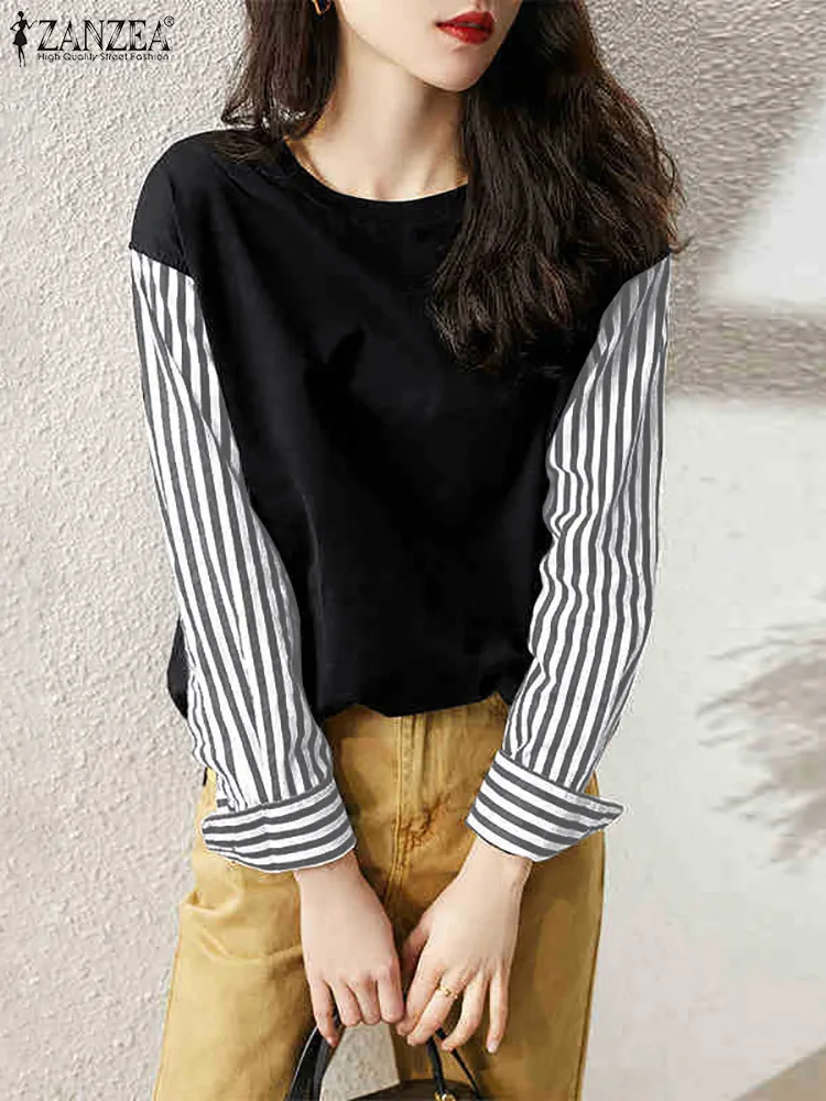 

ZANZEA 2022 Stylish Women Patchwork Striped Blouses Spring Tops Casual Long Sleeve Blusas Female O Neck Tunic Chemise Oversized