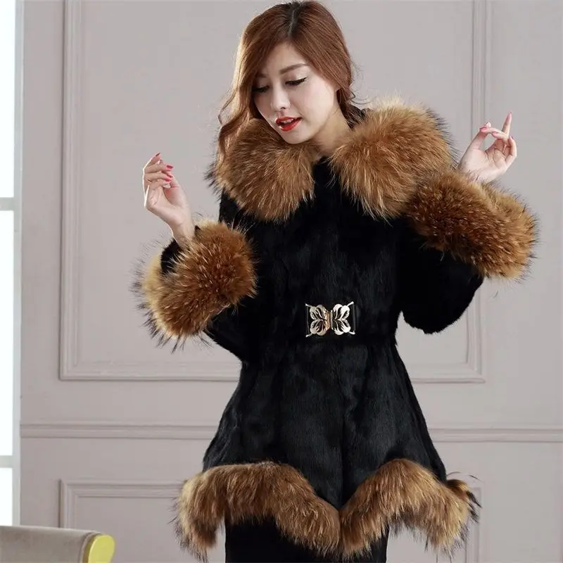 Women's Leather Fur Coat Autumn and Winter Faux Fur Coat Women's Mid-Length Hooded Fox Fur Collar Mink Fur Coat Faux Fur Coat