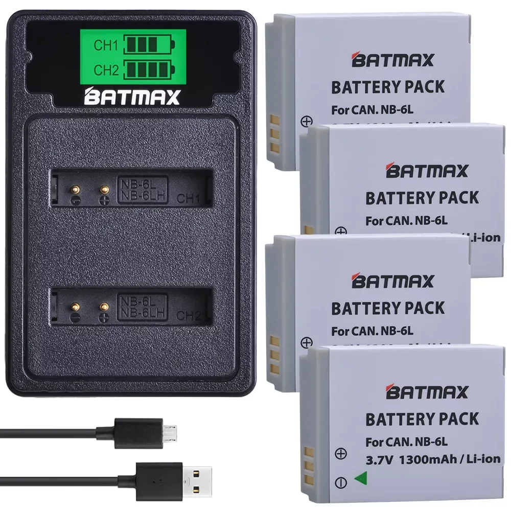 

NEW 4Pcs NB-6L NB 6L NB-6LH Battery + LCD Dual USB Charger With Type c Port IXUS 310 SX240 SX275 SX280 SX510 SX500 HS 95