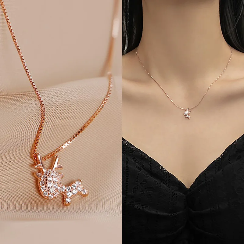 

925 Sterling Silver Cute Fawn-Shape Necklace Pendant Design Zircon Clavicle Box-Chain Jewelry Women Gift
