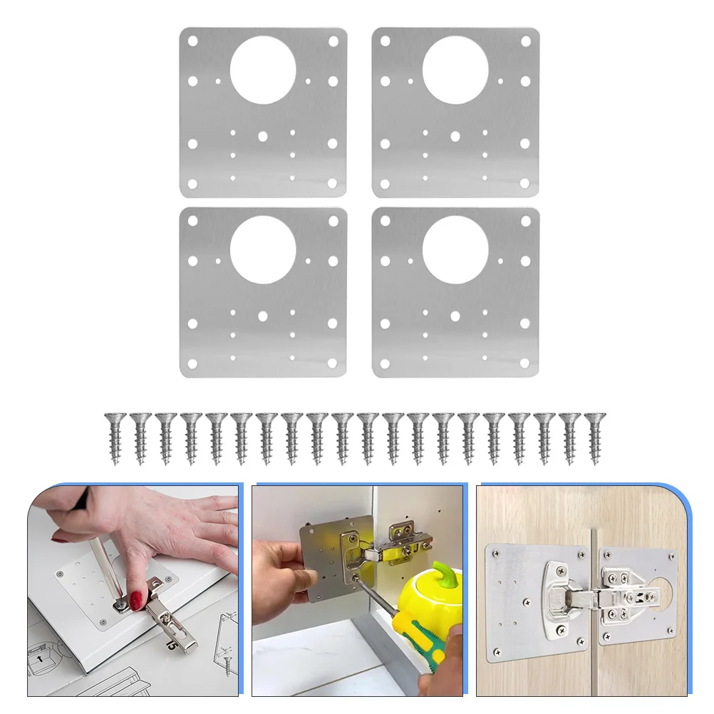 

4pcs Cabinet Hinge Repair Plate with Hole Hinge Repair Brackets Hinge Fixing Plate Stainless Steel Door Panels Installation