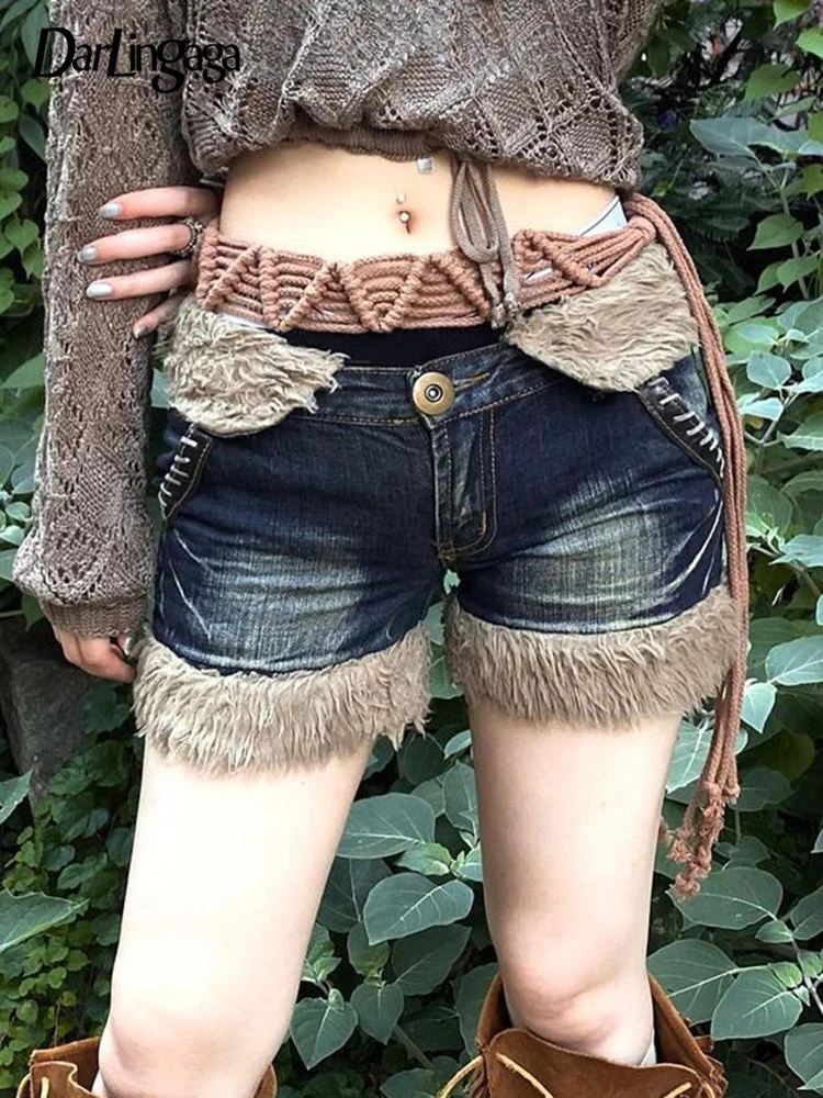 

Darlingaga Y2K Vintage Aesthetic Patchwork Fur Low Waist Shorts Bodycon Streetwear Fluffy Grunge Hottie Denim Shorts Women Pants