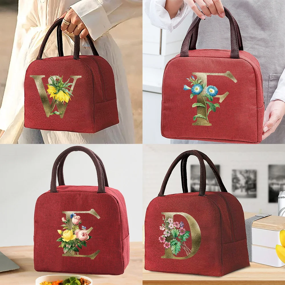 

Golden Flower Letter Name Pattern Cooler Lunch Bag Portable Insulated Canvas Bento Tote Thermal School Picnic Food Storage Pouch