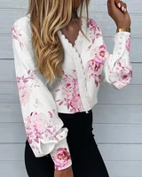 casual ladies blouse 2022 spring autumn vintage printed lace patchwork top fashion long sleeve women shirt casual v neck top