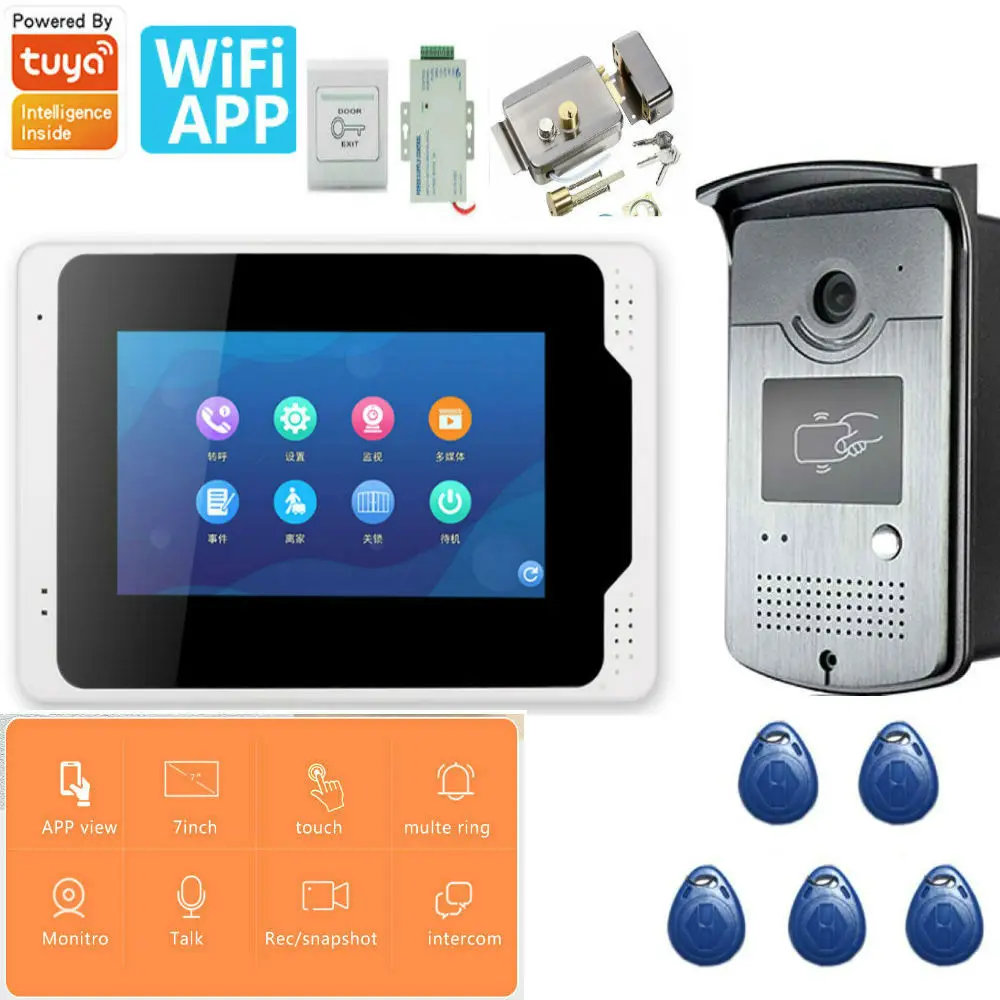 Tuya APP Control Video Intercom 7 Inch LCD Wifi Wireless Visual Door Phone Doorbell RFID Speakerphone Intercom+Door Opening Lock