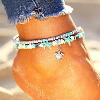 delysia king women trendy starfish turtle yoga anklet summer sandy beach two layer string beads foot chain