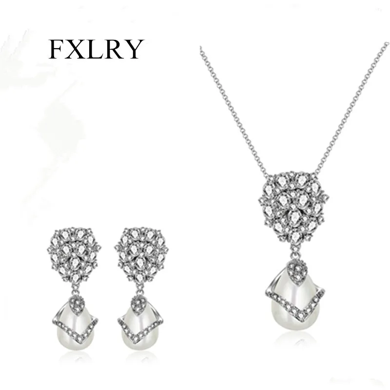 

FXLRY новый дизайн прозрачный Элегантный Блестящий Свадебный модный белый вырез кубический циркониевые серьги с жемчугом Кулон ожерелье юве...