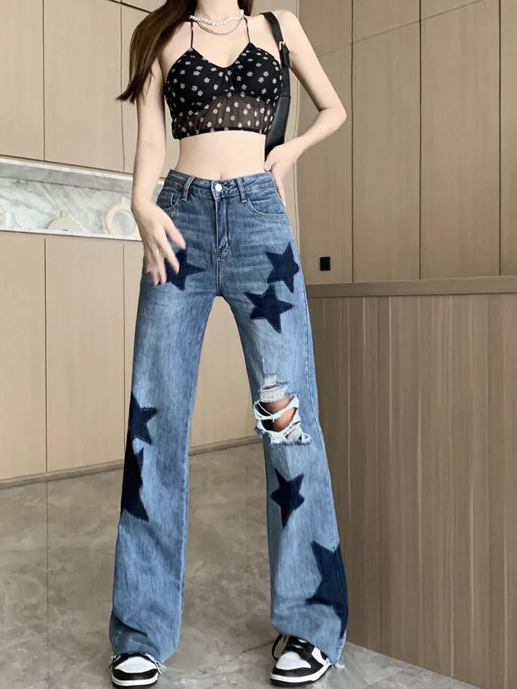 

Женские винтажные джинсы со звездами, прямые джинсовые брюки с карманами, уличная одежда y2k, повседневные брюки в стиле Харадзюку, Капри с низкой посадкой