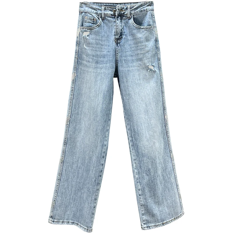 Women's Wide-Leg Jeans 2022 New Spring High Waist Loose Hot Rhinestone Mop Pants Office Lady Denim Trousers Girls Jean Pants