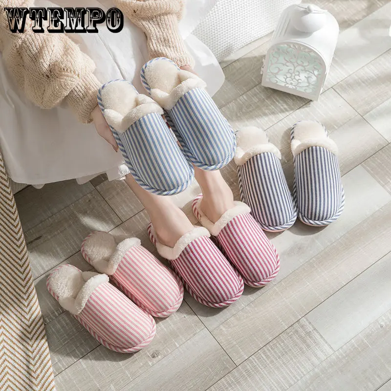 WTEMPO Striped Cotton Slippers Autumn Winter Warm Non-slip Plush Slides Indoor Soft Silent Cotton Shoes for Couples Wholesale