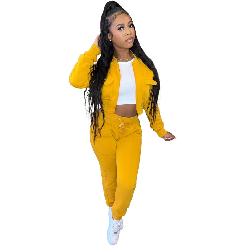 

Sunny Double-faced Velvet Two Piece Set Women Solid Pockets Long Sleeve Zip-up Croppped Jacket Top Pants Casual Sweatsuit