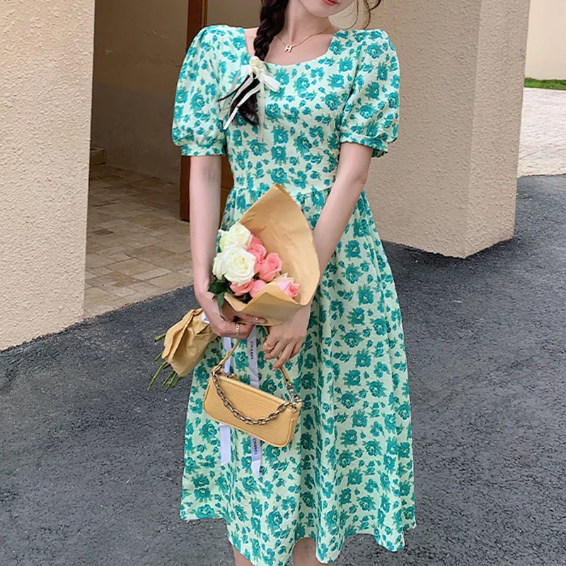 

Vestidos De Mujer Casual 2022 Verano Summer French Retro Female Dress Chiffon Sweet Hollow Out Puff Sleeve Floral Short Sleeve