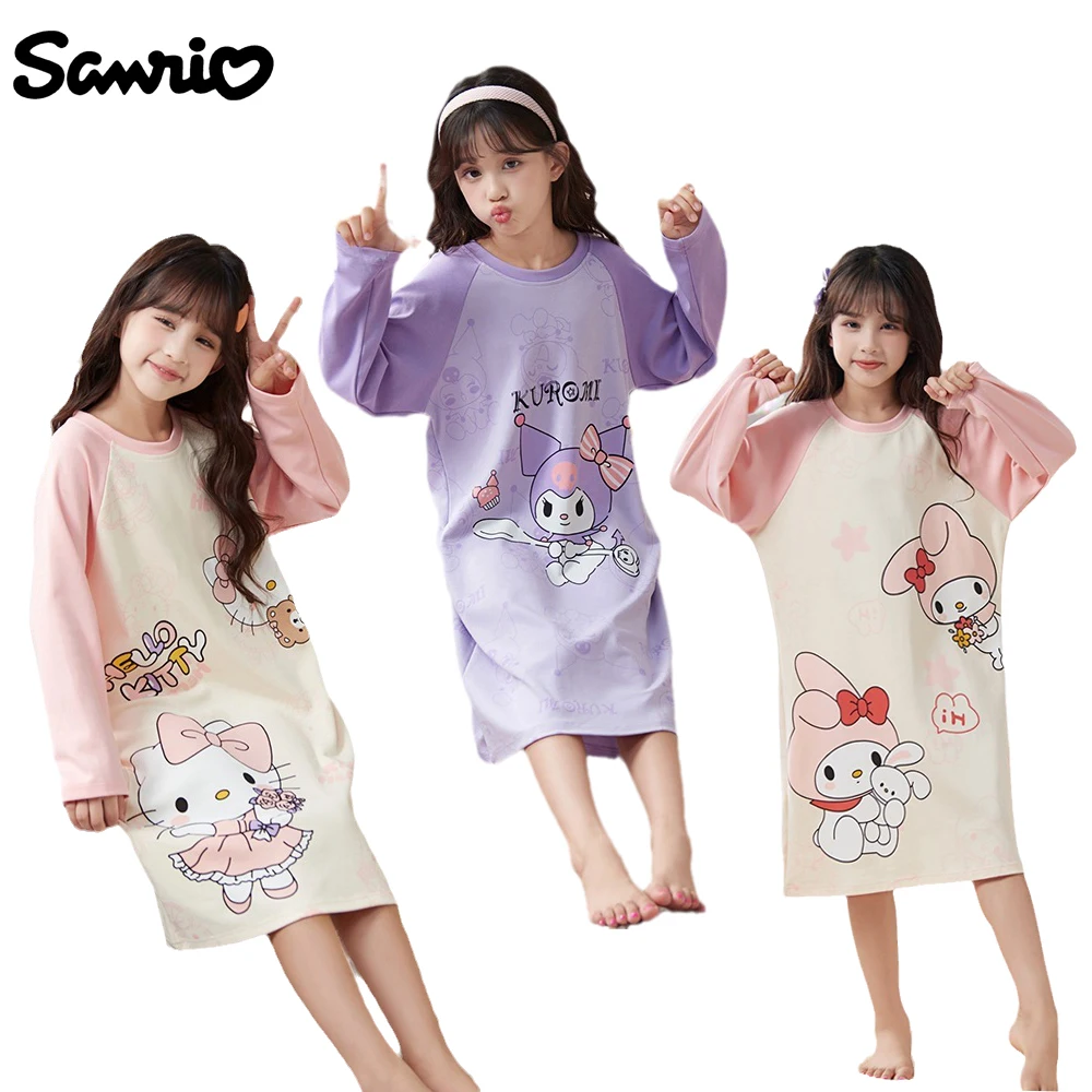 

Sanrios Kawaii My Melody Kuromi Hellokittys Cinnamoroll Girls Pajama Skirt Spring Autumn Children Long Sleeved Home Furnishings