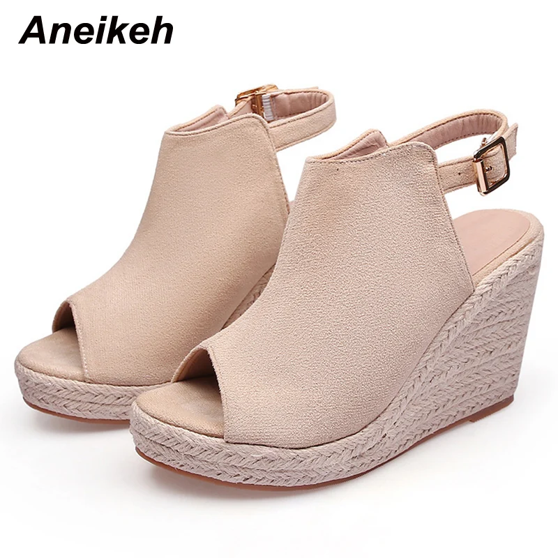 

Aneikeh 2022 Sexy Peep Toe Platform High Heel Women Rome Shoes Summer New Slingbacks Solid Flock Ankle Buckle Strap Wedges Pumps