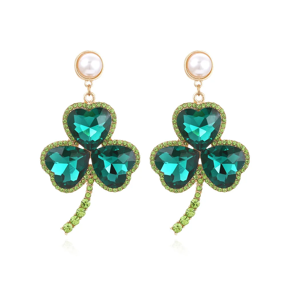 

EMERALD SHAMROCK EARRINGS Celtic Irish Jewelry Clover Dangling Ear Accessories for Women St. Patricks Day Earrings with Crystal