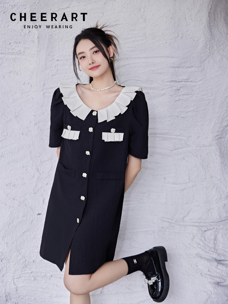 

Черное летнее платье-рубашка CHEERART в стиле преппи с оборками женское корейское модное короткое платье на пуговицах с пышными рукавами японская мода