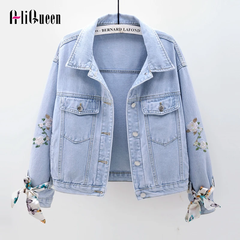 

Short Denim Jacket Women Embroidery Flowers Denim Coat Blue Loose Casual Tie Bow Jean Jacket Outwear Vintage Woman Jacket Korean