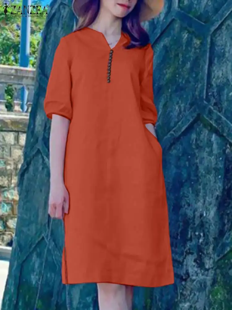 Платье ZANZEA женское средней длины с V-образным вырезом и рукавом до локтя