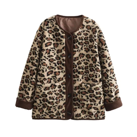 Женская винтажная куртка из овечьей шерсти с леопардовым принтом, Модные свободные плотные пальто, женские уличные теплые куртки с круглым вырезом, зима 2023