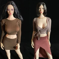 two piece 16 sexy v neck leaking navel 5 point sleeve top high slit long skirt clothes set model for 12 inches action figure