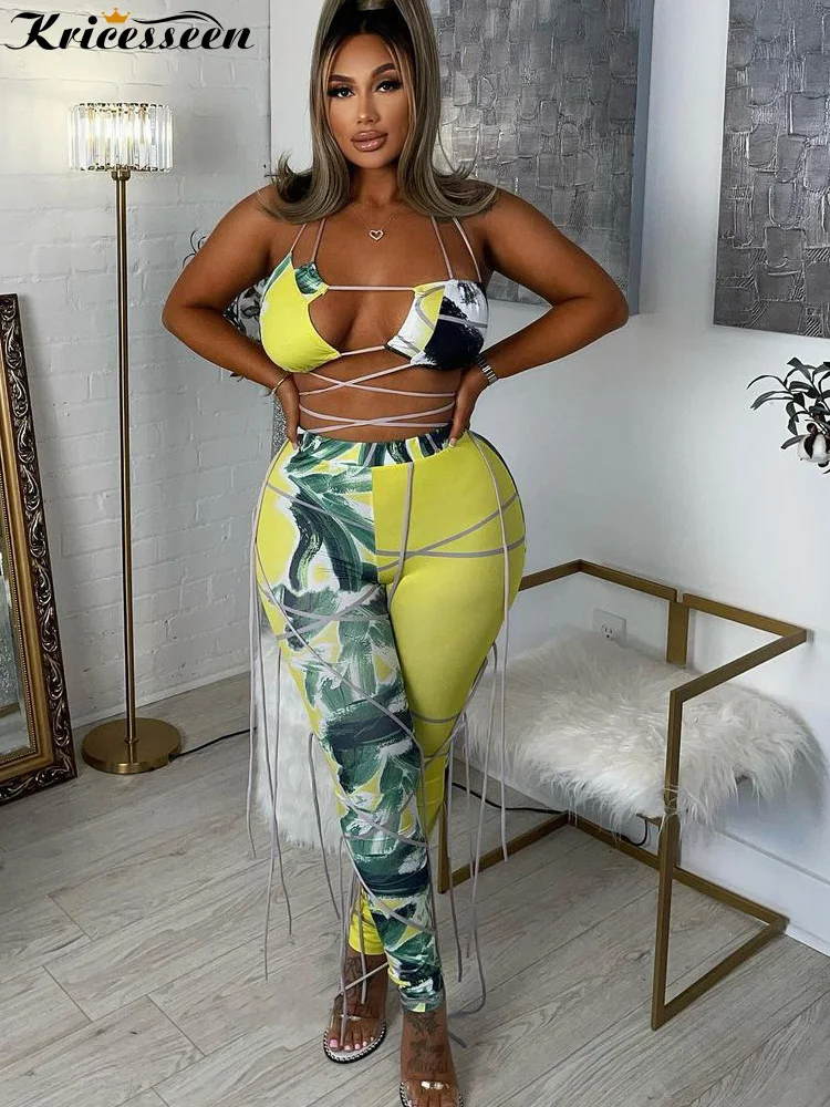 

Kricesseen Sexy Patchwork Print Tie Dye Pant Set Women Halter Bandage Bra And Long Pant Suit Club Skinny 2 Piece Matching Set