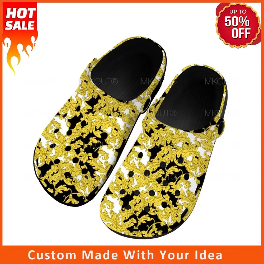 

Luxury Baroque Gold Floral European Pattern Home Clogs Custom Water Shoes Mens Womens Teenager Garden Clog Beach Hole Slippers
