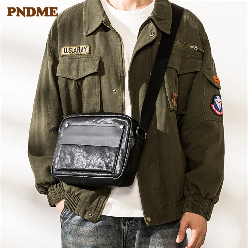 PNDME outdoor casual luxury genuine leather men's crossbody bag weekend travel designer natural real cowhide black shoulder bag