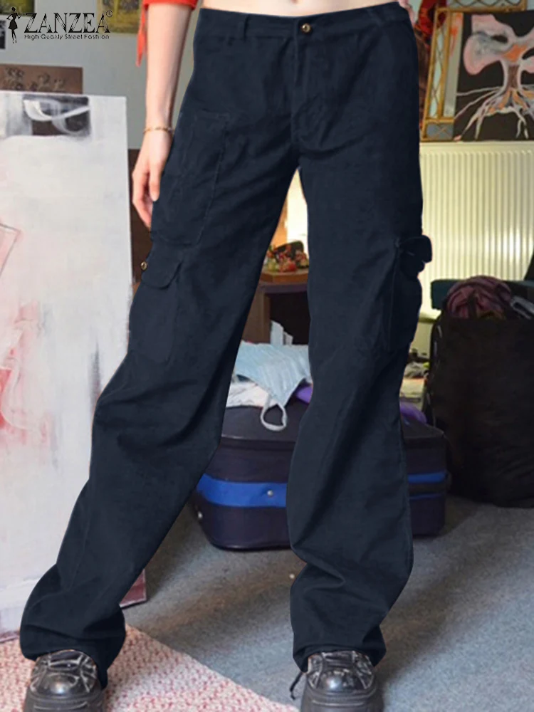 

Elastic Ankle Length Corduroy Pockets Trousers Femme Fashion Casual Loose Straight Palazzo ZANZEA Women Spring Solid Color Pants