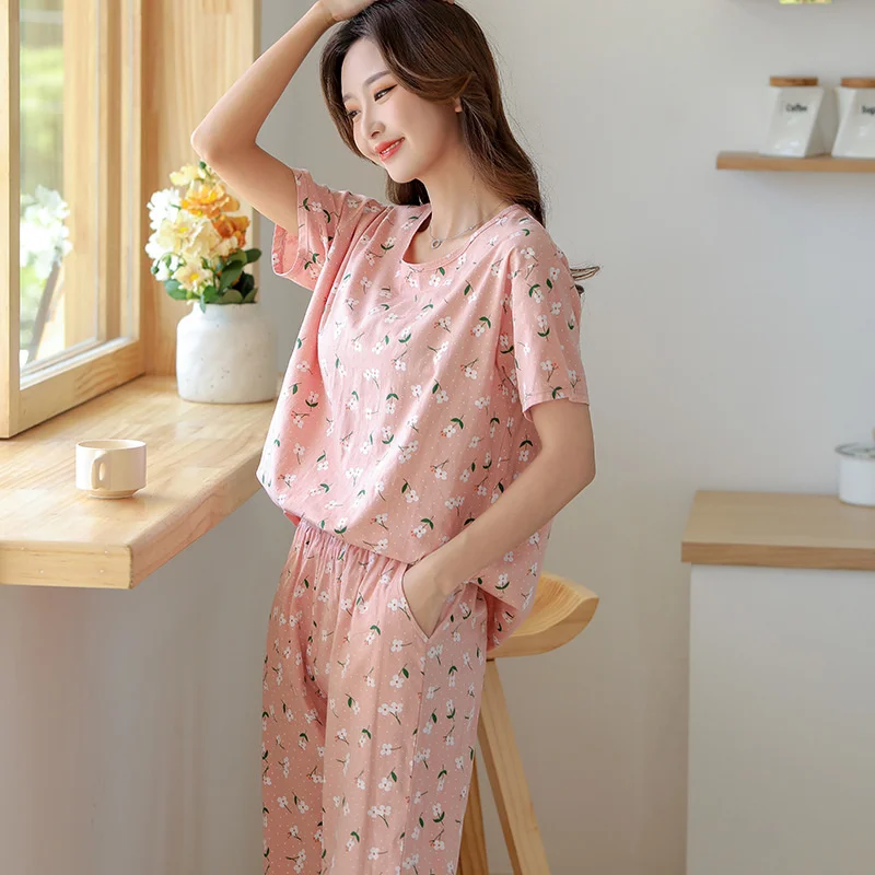 Cotton Gauze Pajamas Women's Summer Short Sleeved Capri Pants Set Japanese Sweet Floral Pure Cotton Home Clothes
