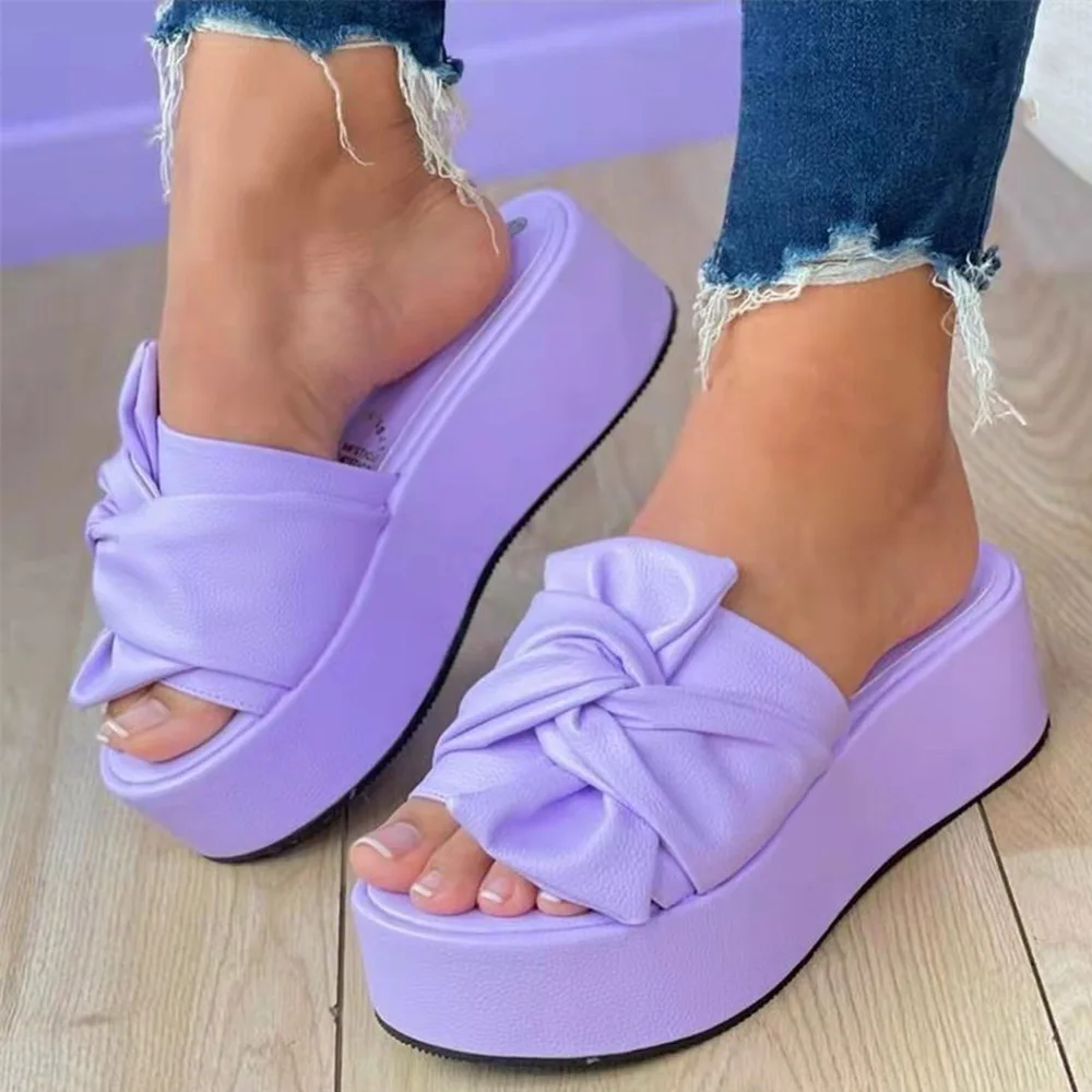 Women's Platform Slippers Sandals Flat Heel Bowknot PU Summer Slide Shoes
