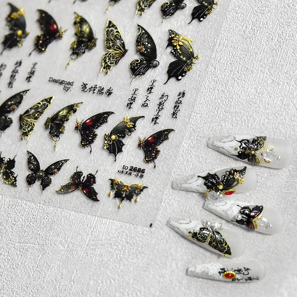 

Darkness Punk Black Gold Butterfly Rose 5D Soft Embossed Reliefs Self Adhesive Nail Art Decorations Stickers 3D Manicure Decals
