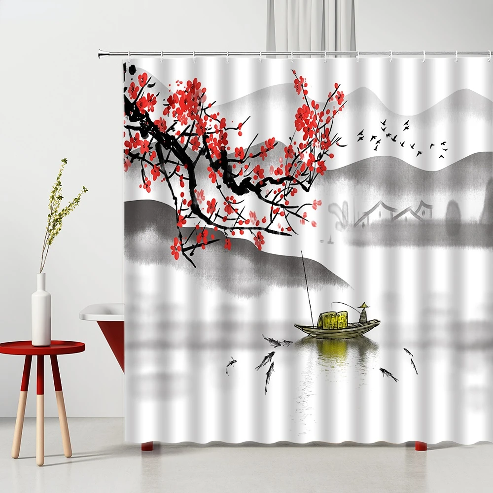 Занавеска для ванной комнаты занавески душа с китайским ландшафтом белые