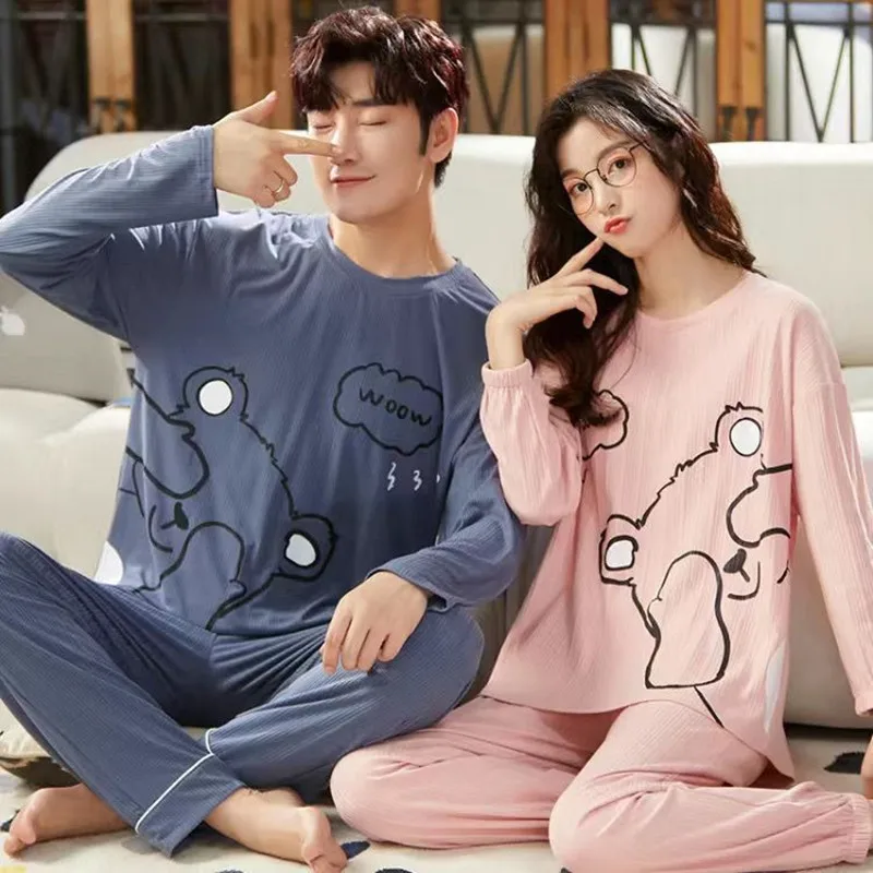 2023 100% cotton couple pajamas women's autumn and winter long-sleeved men's winter two sets can be worn as household clothes