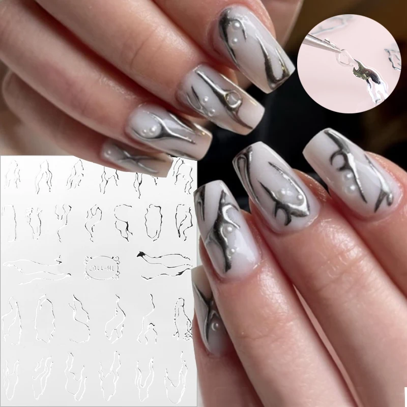 

3D Chrome Nail Sticker Silver Graffiti Strip Marble Effect Decals Self-Adhesive Sliders Sticker French Manicure Tips Decoration