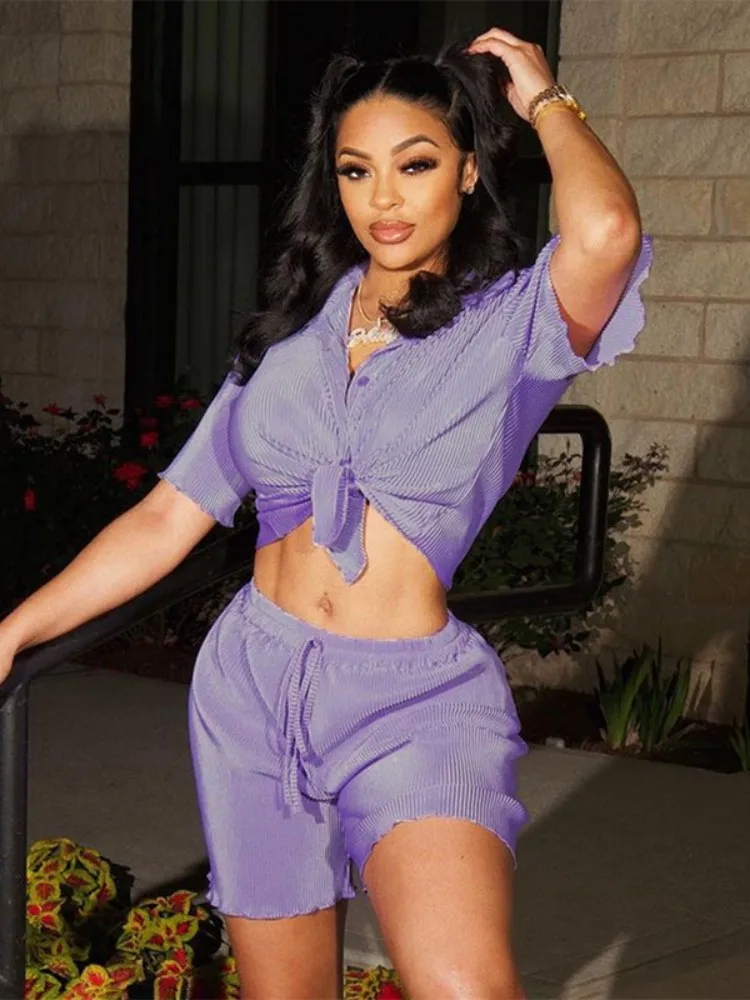 

Causal Solid Ladies Two Piece Set Outfits Soft Pleat Shorts Sets Summer Clothing for Women Fashion Cinjunto De Dos Piezas Mujer
