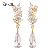 zakol white color flower shape cz zircon water drop crystal pendant dangle earrings for women leaf bridal wedding jewelry ep50l