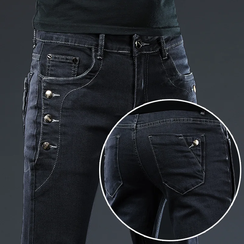 

2022 Cotton Men Jeans Pants Lace Up Denim Trousers Black Pants Skinny Slim Hip Hop Sportswear Elastic Waist Male Trousers