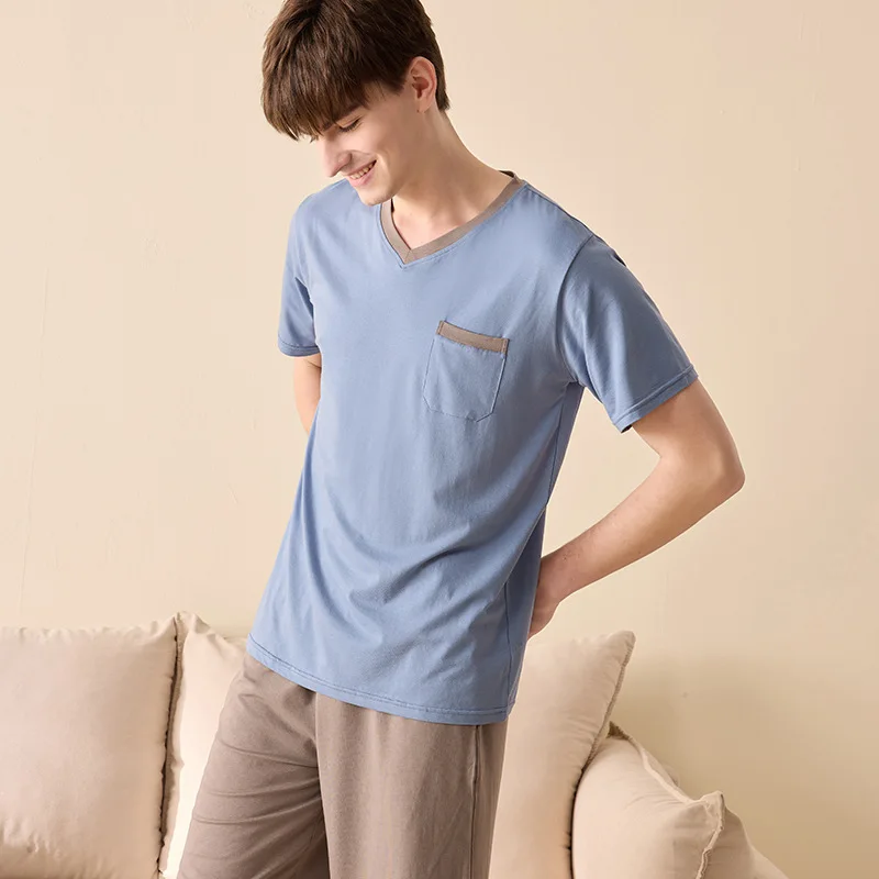 2022 New Summer 40S Cotton Pajamas Sets Men Homewear Boy High Quality Short Sleeve Night Sleep Pants