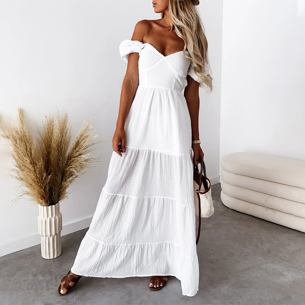 

Women Bohemia Summer Dress Short Sleeve Off Shoulder Strapless Solid Color Elegant High Waist Dress