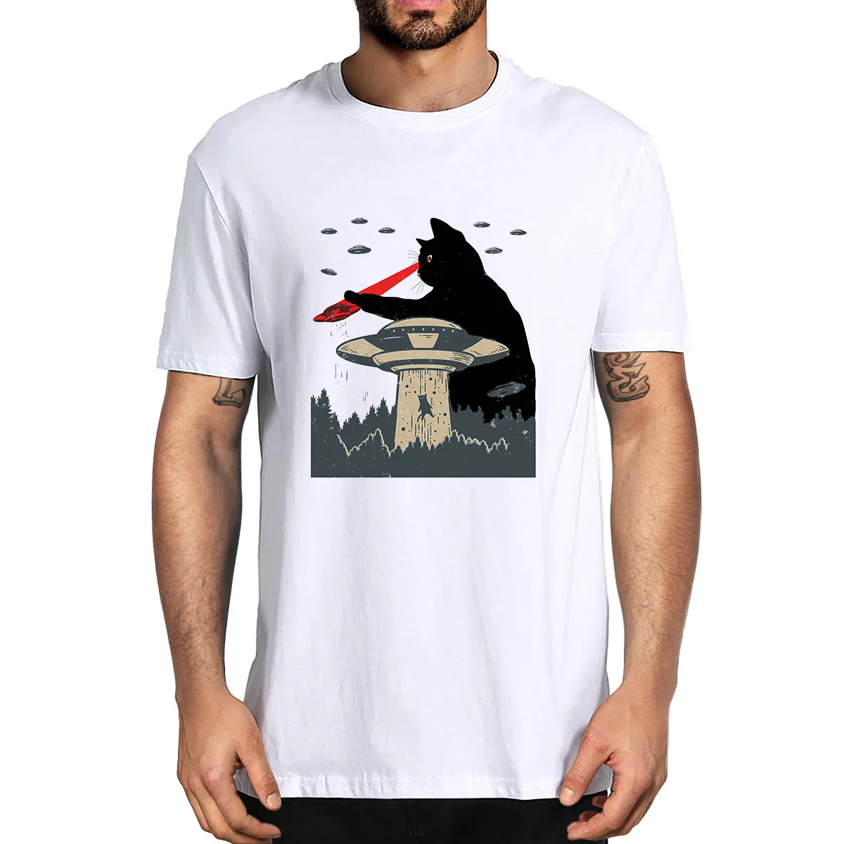 

Unisex Cotton Fuuny Cat Laser Eyes Space Apparel UFO Fight Alien Summer Men's Novelty T-Shirt Harajuku Streetwear Casual Women