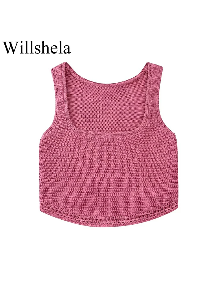 

Willshela Women Fashion Solid Cropped Knitted Sweater Vest Vintage Square Collar Sleeveless Female Chic Tank Tops Outfits
