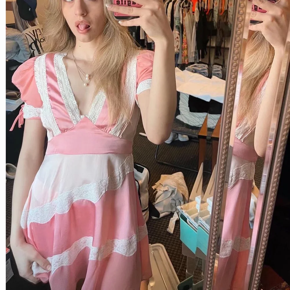 

2022 Summer Short Sleeve Patchwork Lace Sexy Beach Vocation Karlina Mini Dress