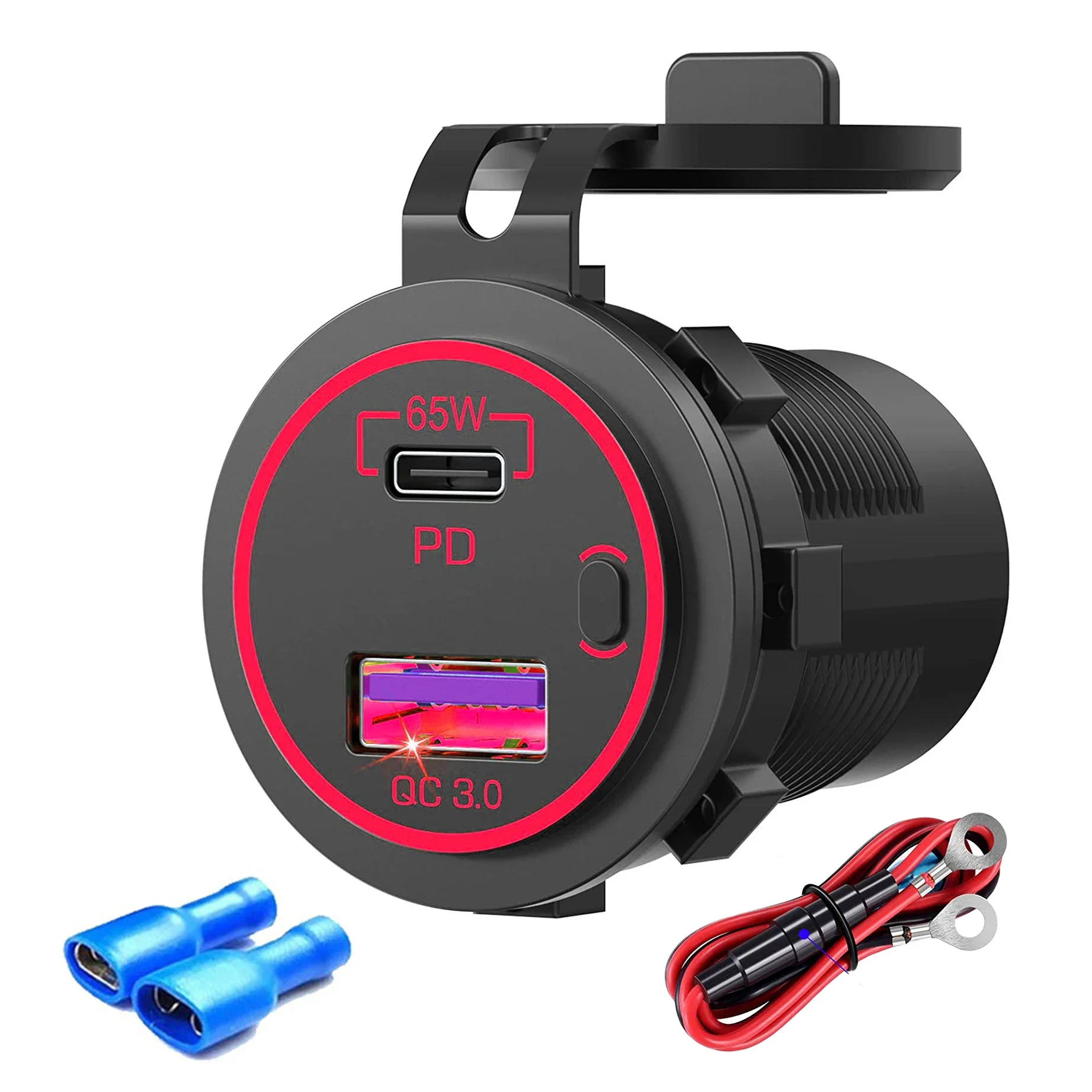 

12 В/24 В USB C автомобильное зарядное устройство 65 Вт двойной PD Тип C и 18 Вт QC3.0 электрическая розетка Быстрая зарядка для автомобилей, морских грузовиков, RV, лодок, мотоциклов