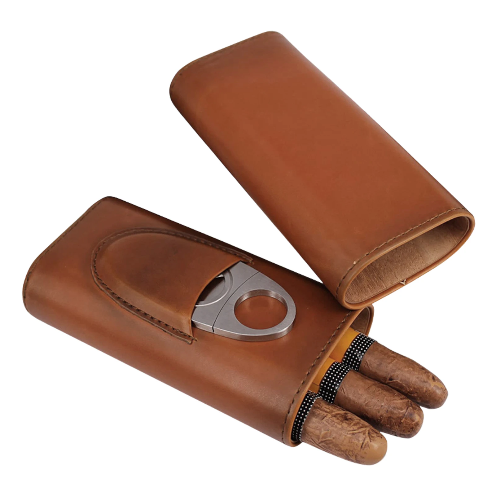 

Leather Cigar Case Cedar Wood Lining Travel Humidors With Stainless Steel Cigar Cutter Cigar Gift Box for Cigar Lovers