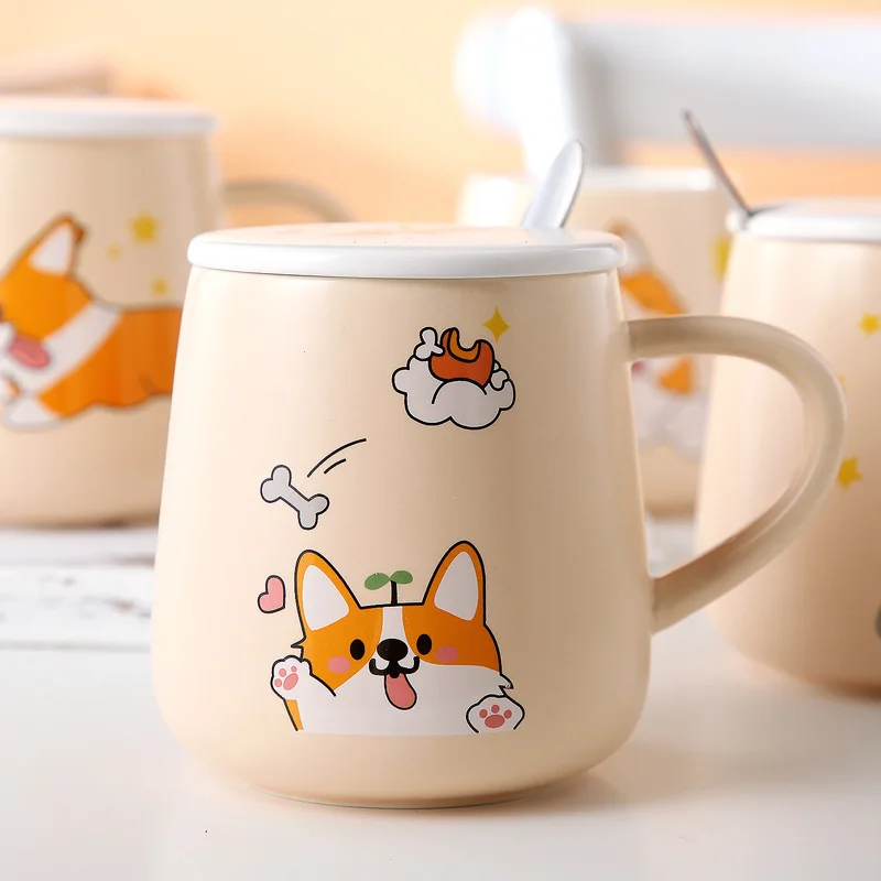 

FSILE 440ml Creative Cartoon Pattern Corgi Ceramic Coffee Mug with Lid Spoon Couple Business Water Cup Cute Gift Cup