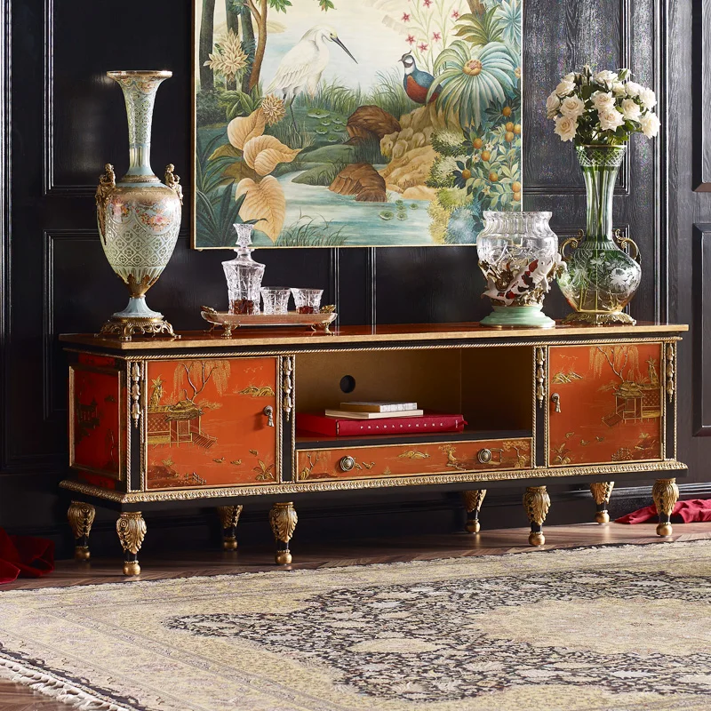 French luxury New Chinese style two-door TV cabinet wooden hand-painted gold foil villa living room